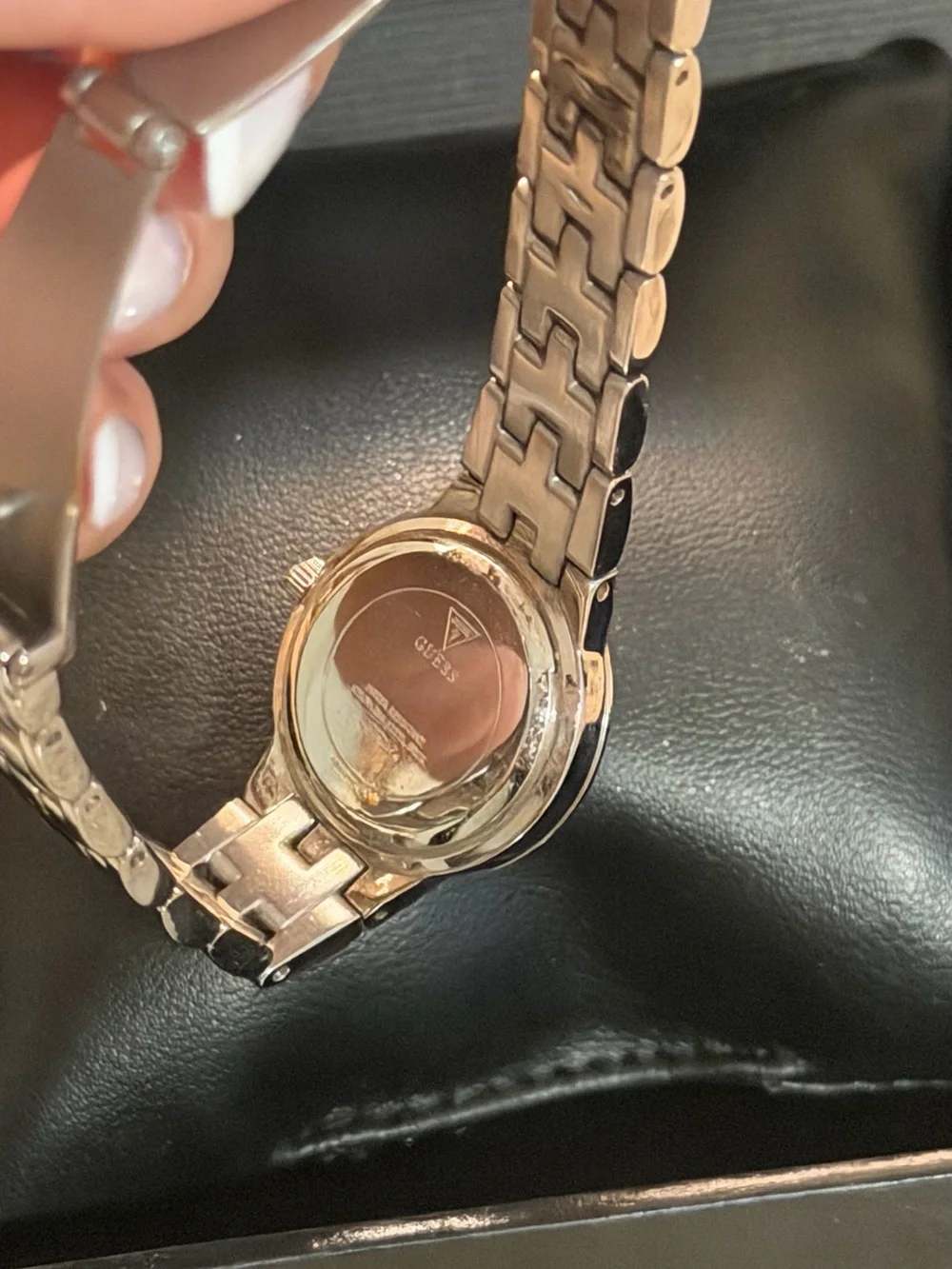 GUESS Silver-Tone Women's Bracelet Watch with Black Dial and Crystal Bezel